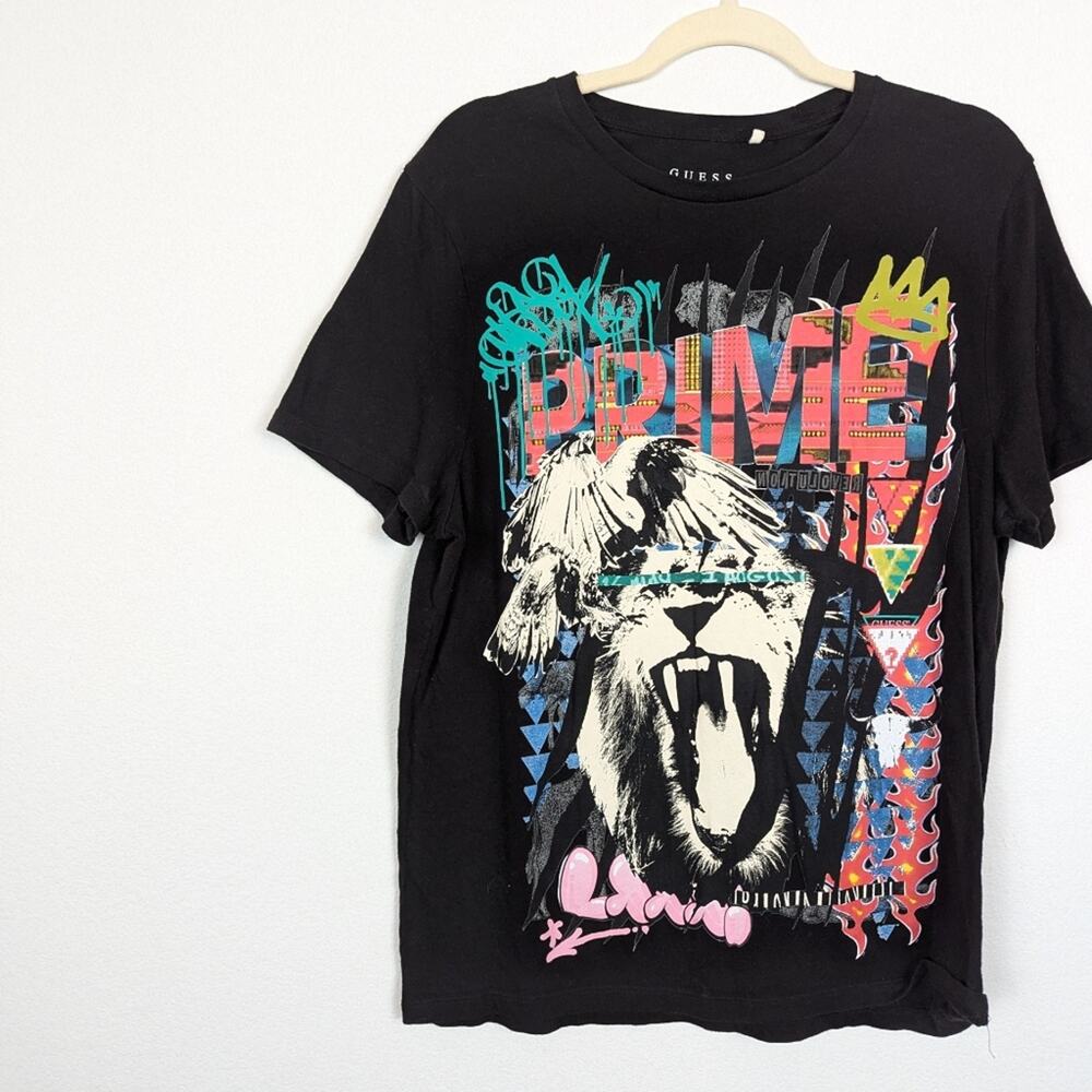 Guess Graphic Tee L Black Multicolor Lion Roar Short Sleeve Men’s - Picture 3 of 6